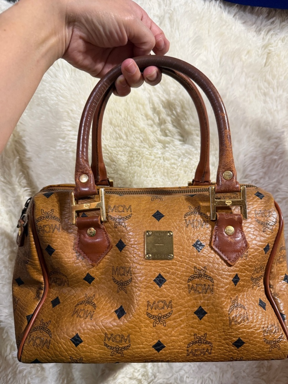MCM Cognac Monogram Dome Satchel with Gold Hardware